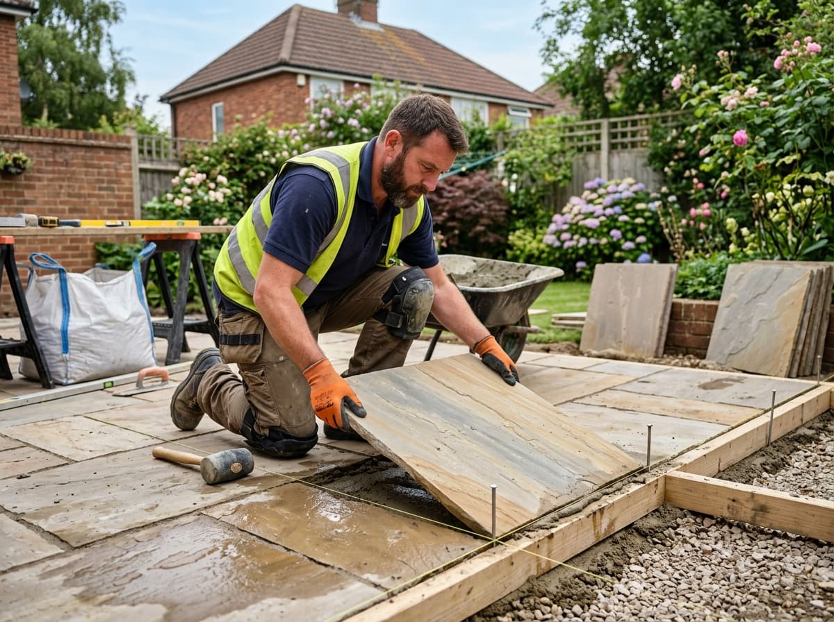Tradesman laying an Indian sandstone patio slab onto a mortar bed with a wheelbarrow of mix behind